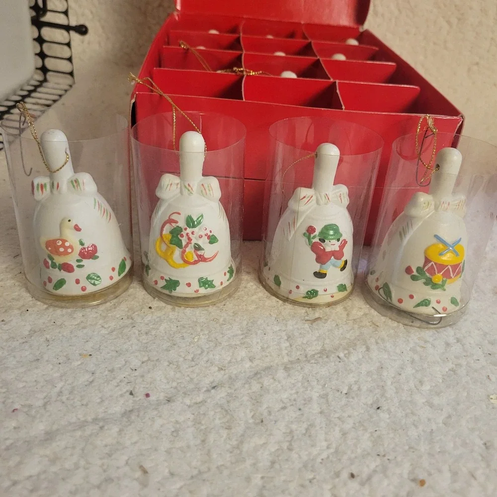 JC Penney Twelve Days of Christmas Ornament Set Ceramic Bells White Excellent